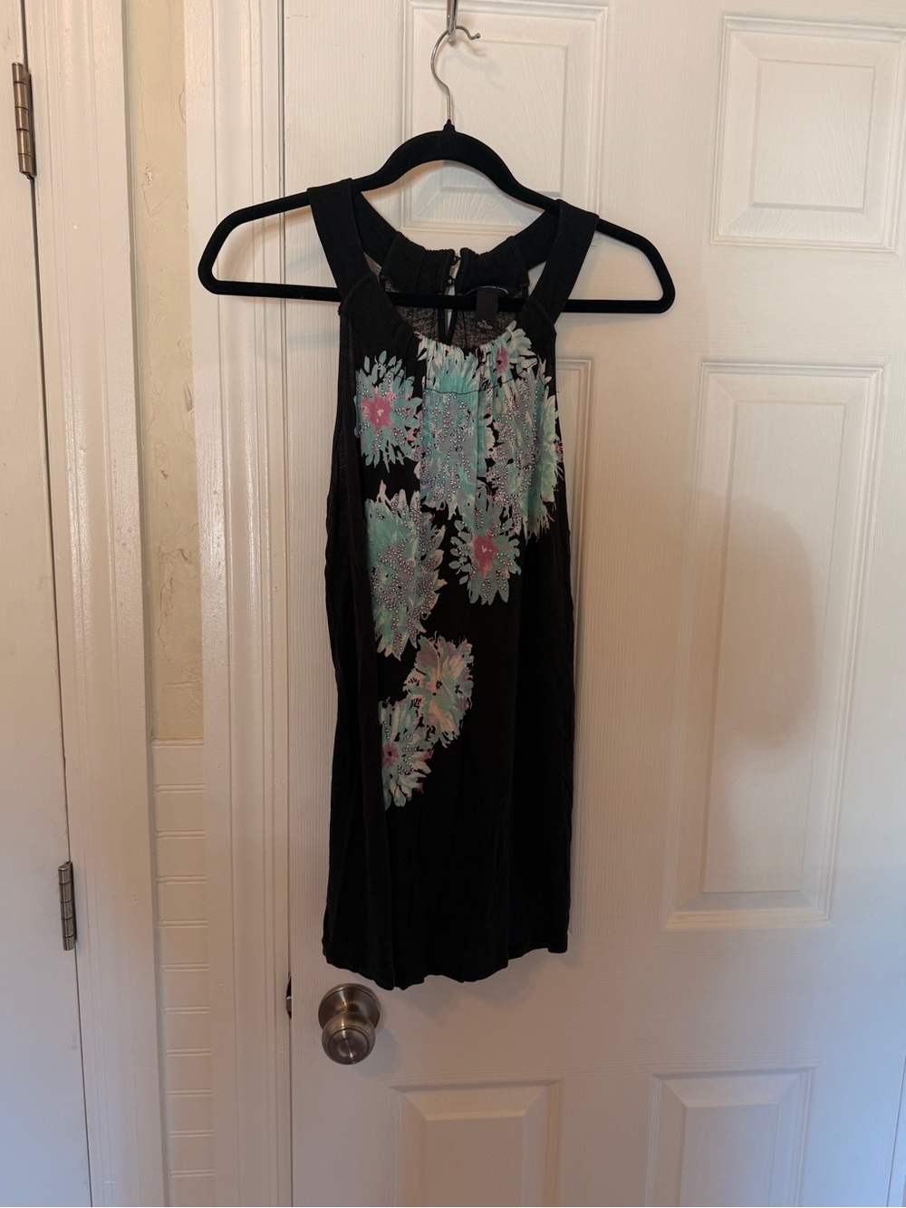INC International Concepts Black Tank Top with Mint and Pink Floral Print